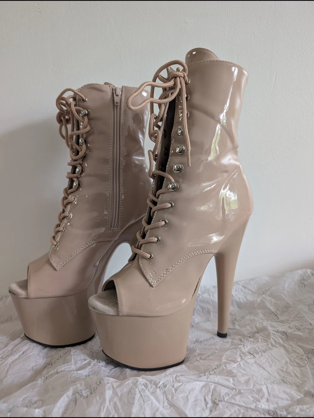 Adore Nude Patent Lace-Up Peep-Toe Platform Boots